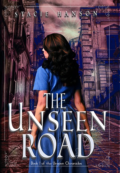 The Unseen Road cover<br />
A young dark haired woman in a blue dress with her back to the viewer walks down a narrow old road